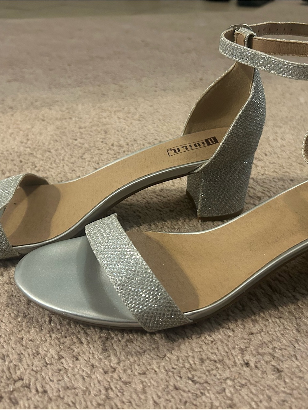 Bionica Silver Glitter Block Heel Ankle Strap Sandals
